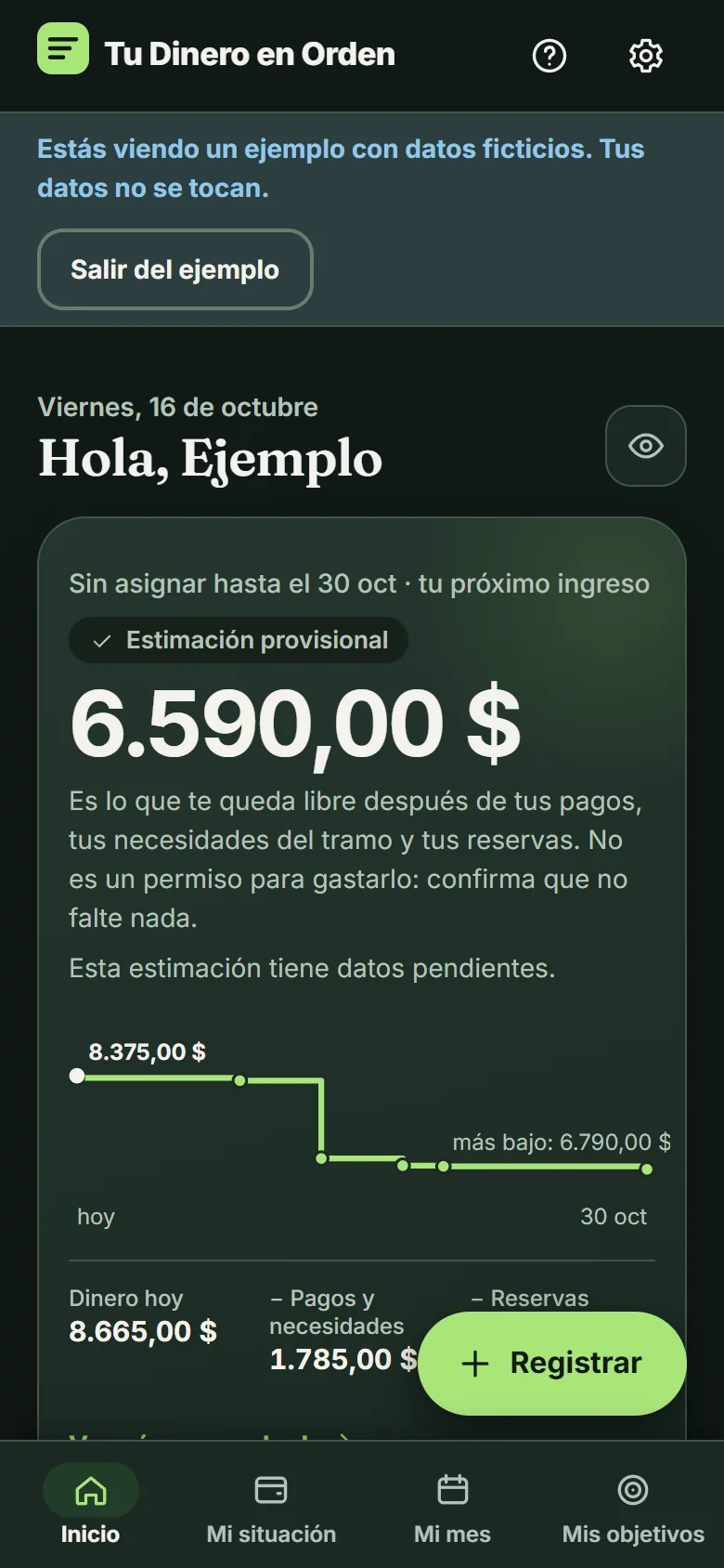 Pantalla de inicio de la app con el dinero sin asignar del mes