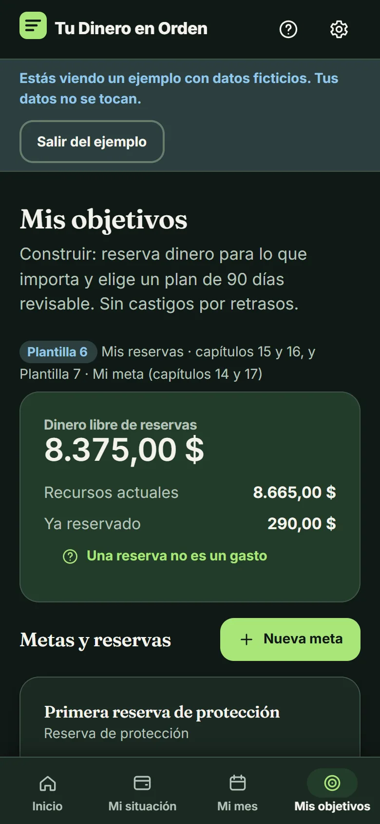 Pantalla de objetivos con metas y reservas