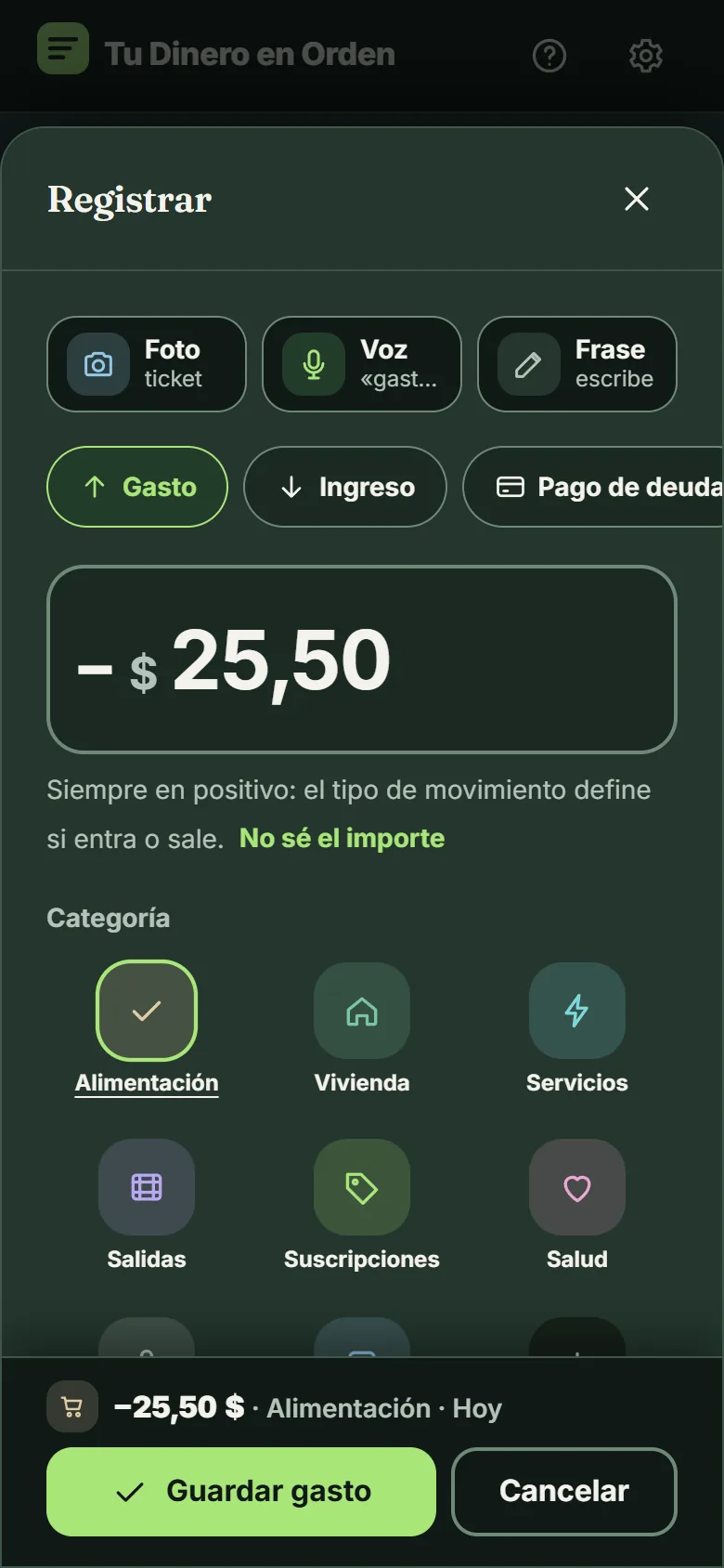 Pantalla para registrar un gasto con foto, voz o frase