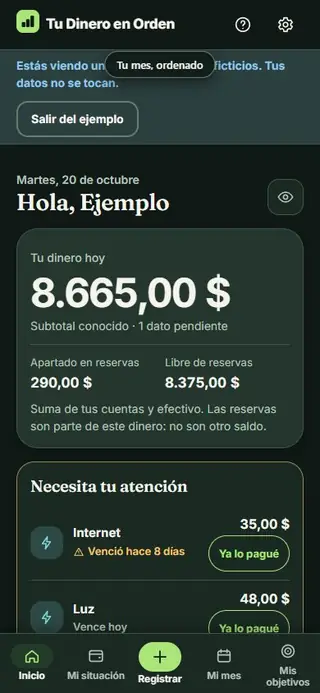La app mostrando el plan del mes, con el resultado arriba, y el calendario, que empieza por los pagos que vencen.