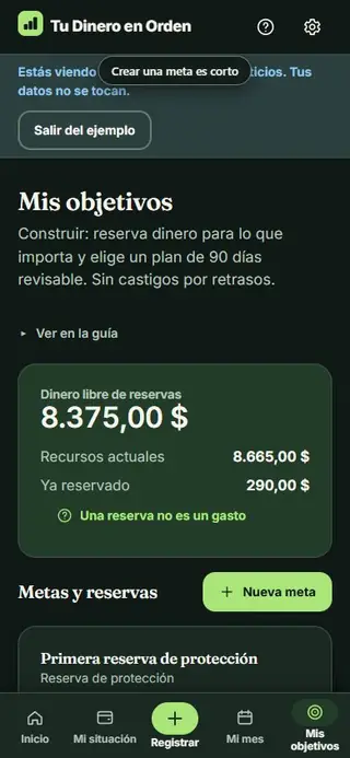La app creando una meta con nombre e importe, y una confirmación con pasos opcionales.
