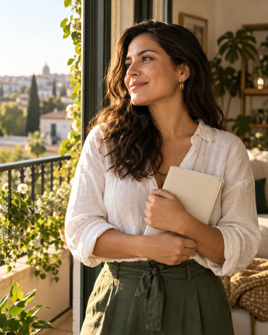 Mujer sonriente junto a un balcón luminoso, sosteniendo una libreta