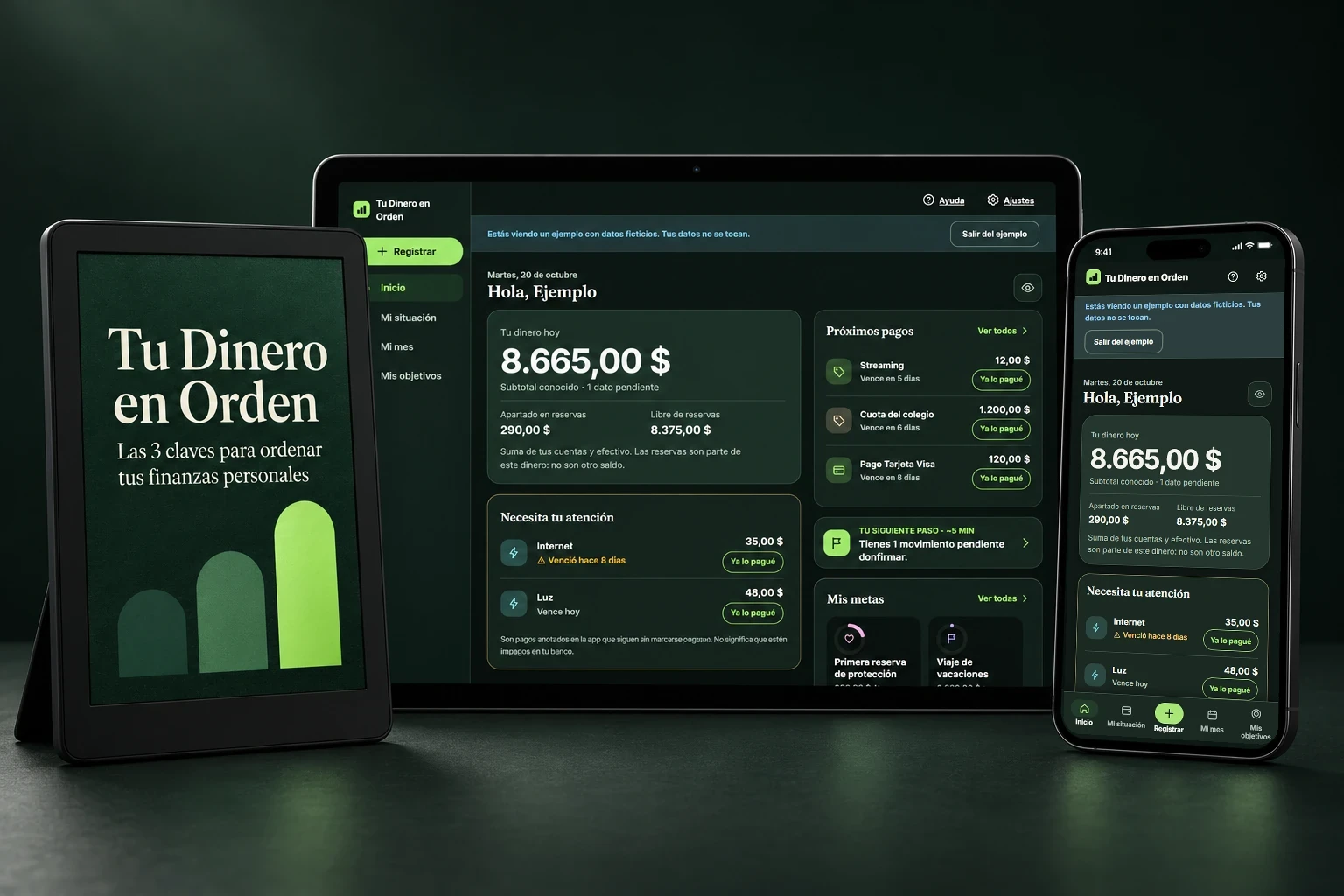 E-reader con la portada de Tu Dinero en Orden, una tableta y un teléfono con la app de apoyo